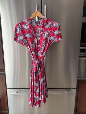 Chaps Red Navy White Leaf-Print Wrap Dress